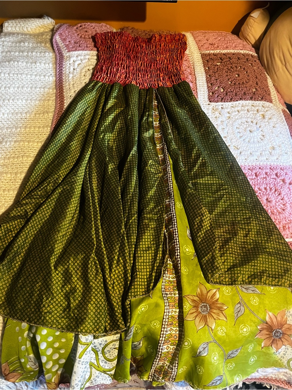 Boho 100% Silk Green Floral Maxi Dress with Smocked Waist
